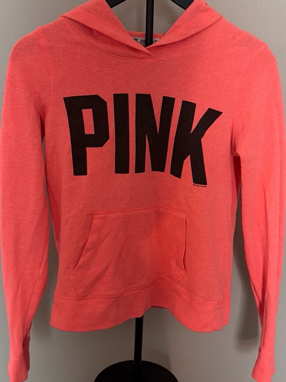 PINK Victoria's Secret Coral-Pink Hooded Sweatshirt with Black Logo